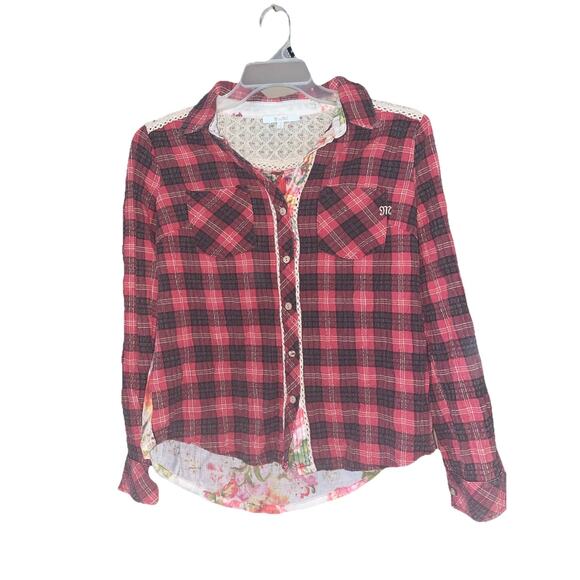 Women’s Miss Me Sheer Floral Back Plaid Flannel With Lace Accents Sz Small - Picture 2 of 6